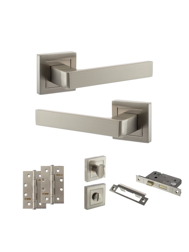 STATUS Montana Door Handle Pack (Bathroom Set - 2.5" CE Bathroom Lock, 4" Slim Knuckle Hinges x2) - Satin Nickel