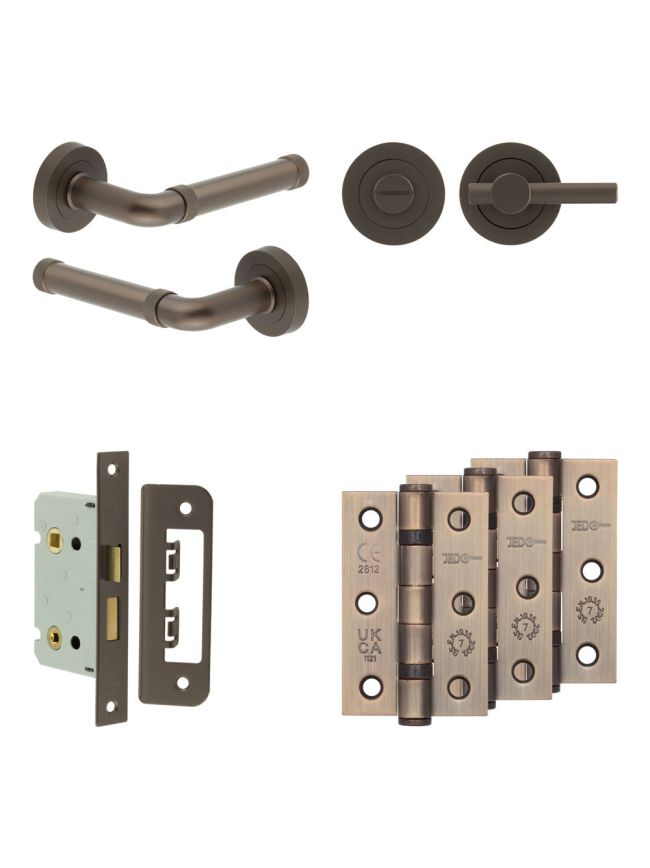 Complete Midtown Door Handle Pack - Bathroom Lock (Knurled Thumb Turn) - Dark Bronze - 65mm / 3-inch Hinges - JE-G5B1-DB
