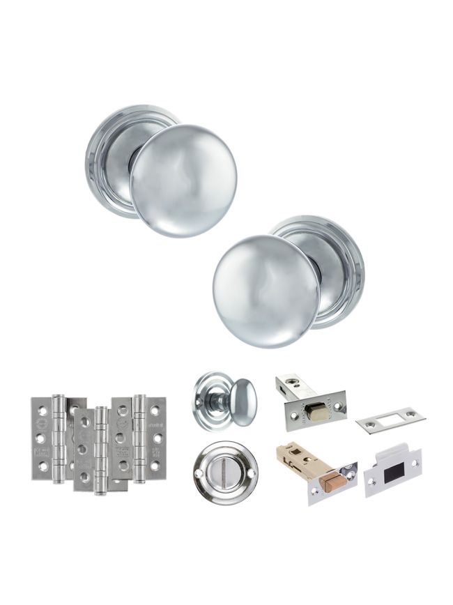 Old English Harrogate Door Knob Pack (Bathroom Set - 4" Deadbolt, 3" Fire Rated Hinges x3) - Polished Chrome