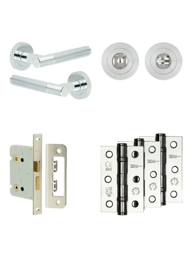 Complete Venice Door Handle Pack - Bathroom Lock (Standard Thumb Turn) - Polished Chrome - 76mm / 3-inch Hinges - JE-F6B3-PC