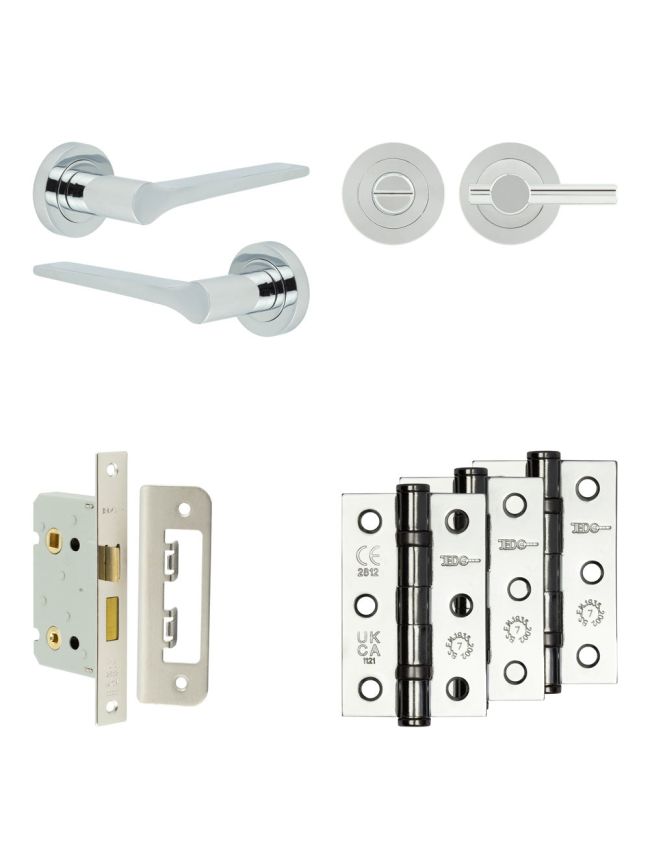 Complete Gio Door Handle Pack - Bathroom Lock (Plain Thumb Turn) - Polished Chrome - 65mm / 3-inch Hinges - JE-E5B2-PC