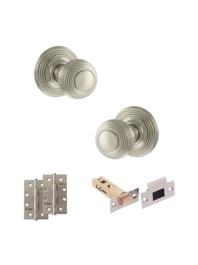 Old English Ripon Door Knob Pack (Latch Set - 3" HD Latch, 4" Slim Knuckle Hinges x2) - Satin Nickel