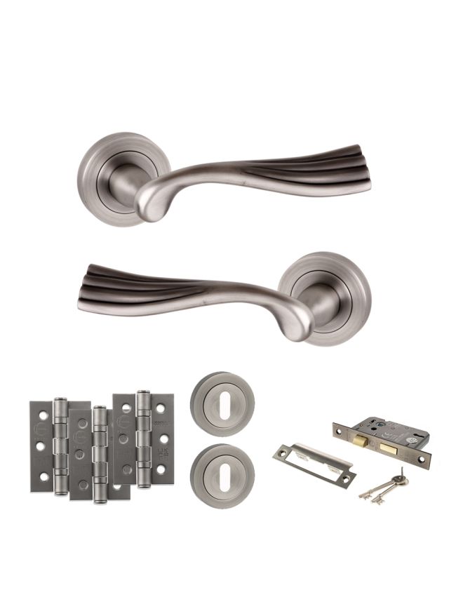 Old English Richmond Door Handle Pack (3 Lever Lock Set - 3" CE Sashlock, 3" Fire Rated Hinges x3) - Matt Gun Metal