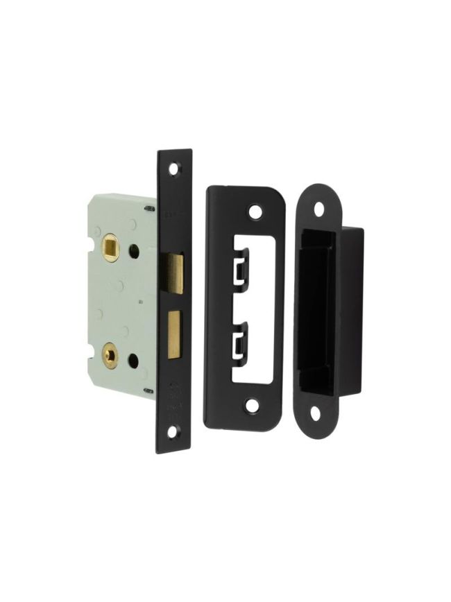 Jedo Kontrax Bathroom locks with Square Forend & Radiused Strike Plate 76mm Black - By Frelan Hardware - JL460BL