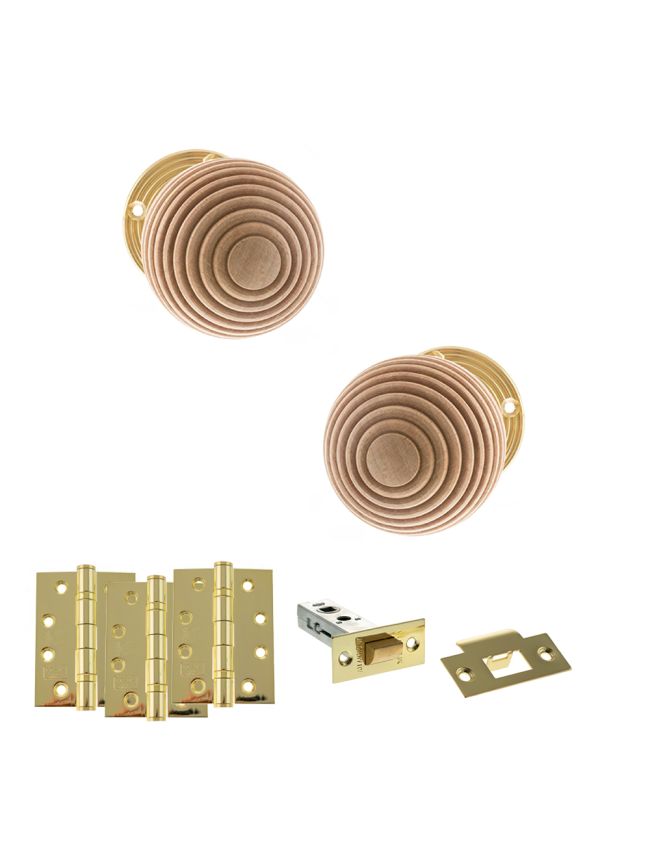 Old English Bridlington Door Knob Pack (Latch Set - 3" HD Latch, 4" Fire Rated Hinges x3) - Polished Brass