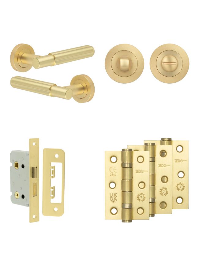 Complete Bloom Door Handle Pack - Bathroom Lock (Standard Thumb Turn) - Satin Brass - 65mm / 3-inch Hinges - JE-B5B3-SB