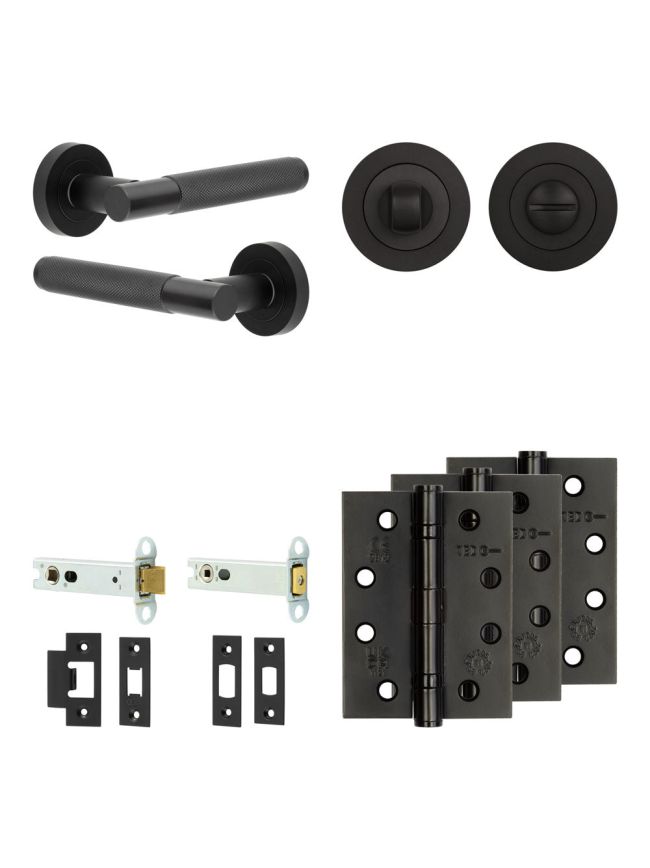 Complete Bari Door Handle Pack - Heavy Duty Tubular Bathroom (Standard Thumb Turn) - Matt Black - 102mm / 4-inch Hinges - JE-D32A3-MB