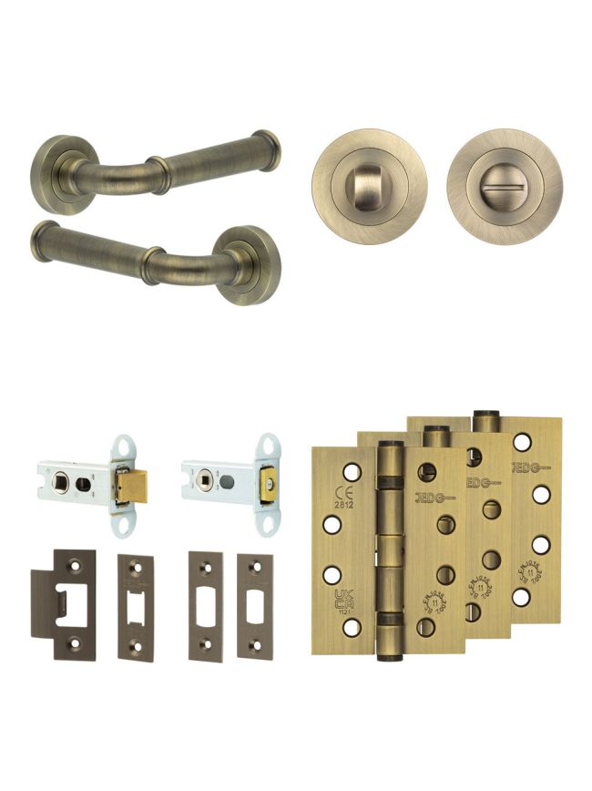 Complete Classic Door Handle Pack - Heavy Duty Tubular Bathroom (Standard Thumb Turn) - Antique Brass - 64mm / 4-inch Hinges - JE-A30A3-AB