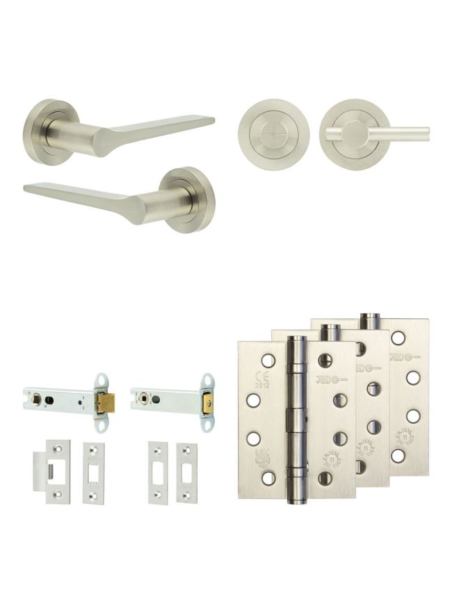 Complete Gio Door Handle Pack - Heavy Duty Tubular Bathroom (Plain Thumb Turn) - Satin Nickel - 102mm / 4-inch Hinges - JE-E32A2-SN