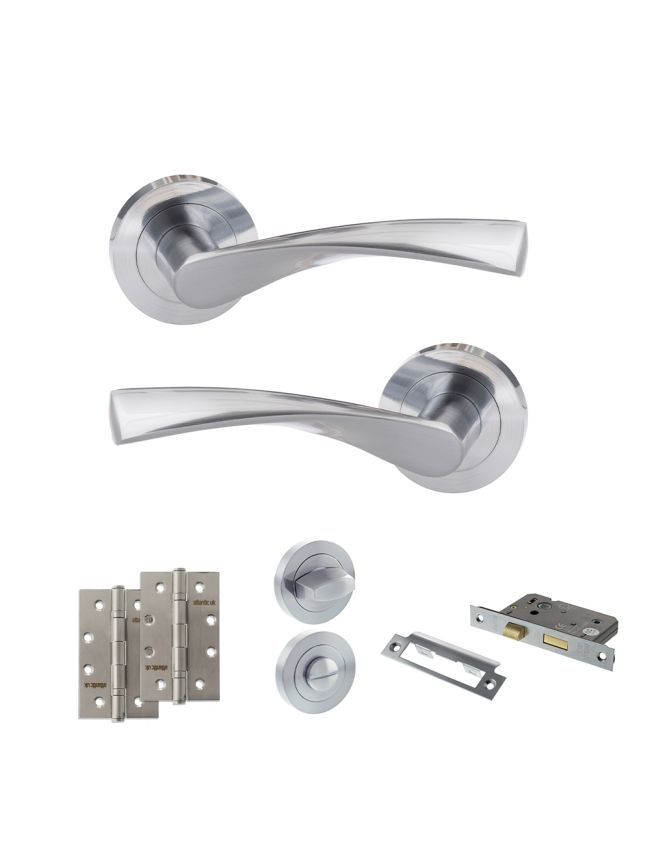 Eco Aqua Door Handle Pack (Bathroom Set - 3" CE Bathroom Lock, 4" Slim Knuckle Hinges x2) - Satin Chrome