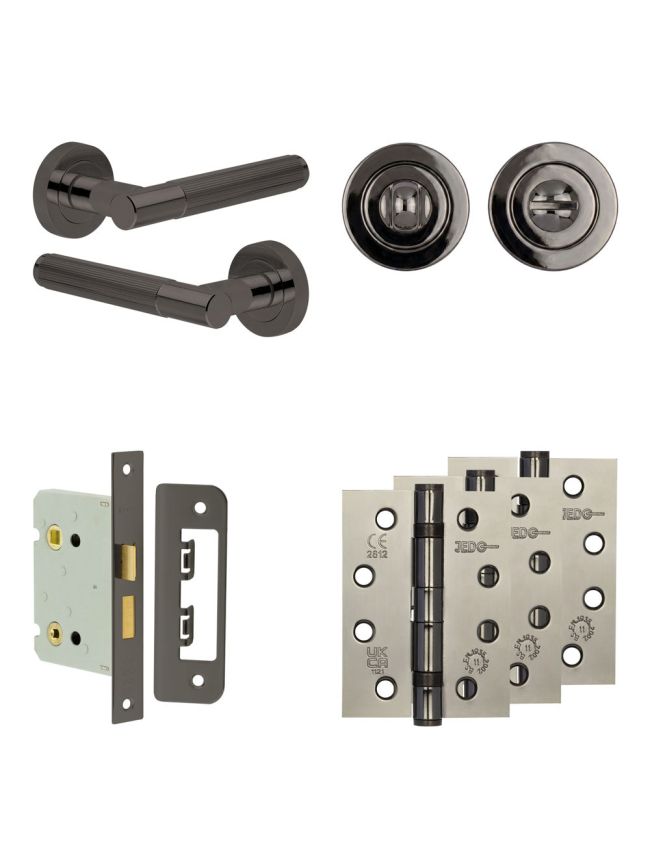 Complete Venice Door Handle Pack - Bathroom Lock (Standard Thumb Turn) - Black Nickel - 76mm / 4-inch Hinges - JE-F6A3-BN