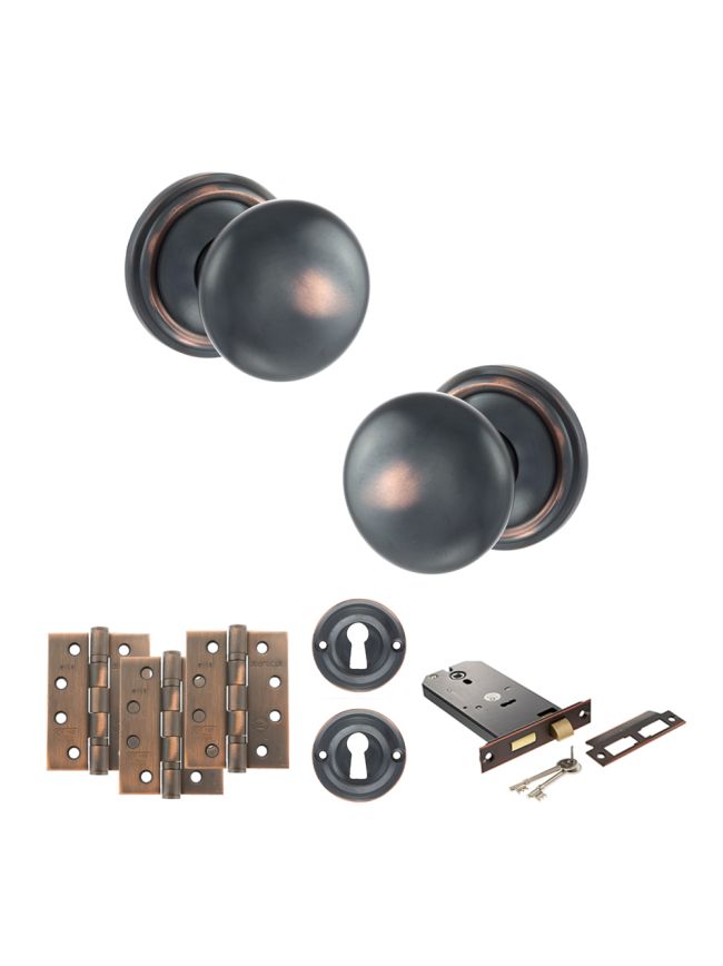 Old English Harrogate Door Knob Pack (Lock Set - Horizontal Sashlock, 4" Fire Rated Hinges x3) - Antique Copper