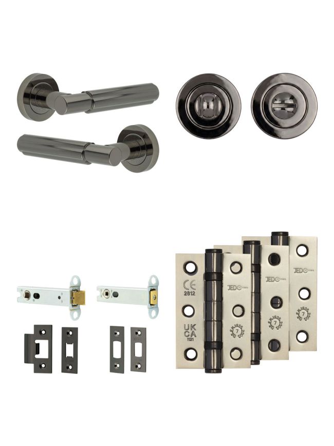 Complete Bloom Door Handle Pack - Heavy Duty Tubular Bathroom (Standard Thumb Turn) - Black Nickel - 102mm / 3-inch Hinges - JE-B32B3-BN