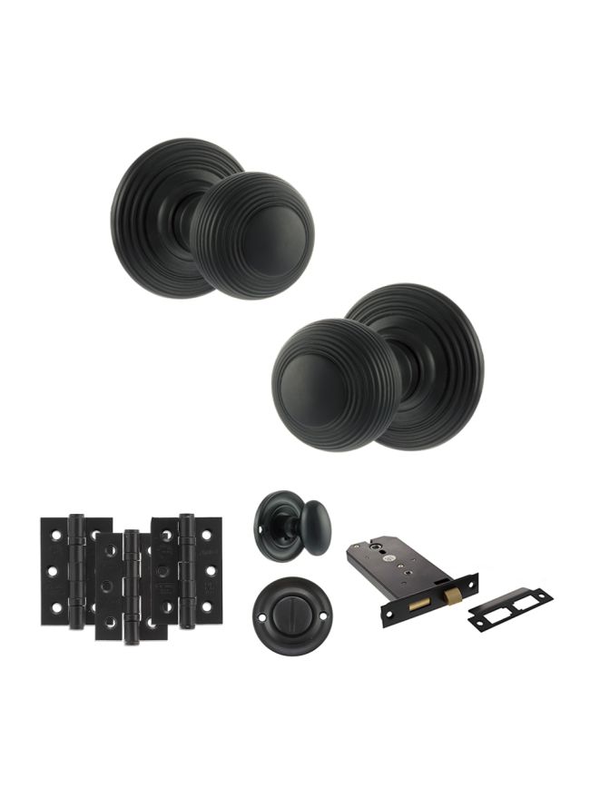 Old English Ripon Door Knob Pack (Lock Set - Horizontal Bathlock, 3" Fire Rated Hinges x3) - Matt Black