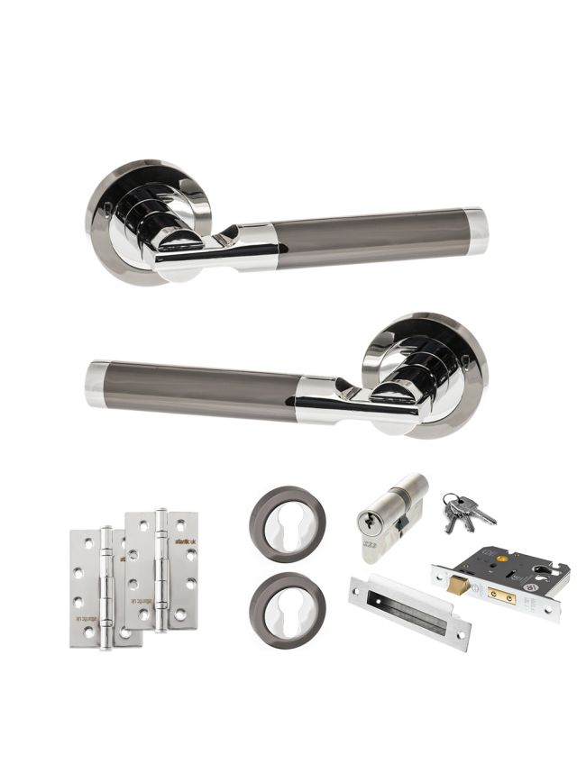 STATUS Dakota Door Handle Pack (Euro Lock Set - 3" CE Sashlock, 4" Slim Knuckle Hinges x2) - Black Nickel/Polished Chrome