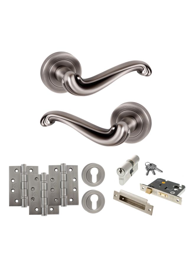 Old English Colchester Door Handle Pack (Euro Lock Set - 3" CE Sashlock, 4" Fire Rated Hinges x3) - Matt Gun Metal