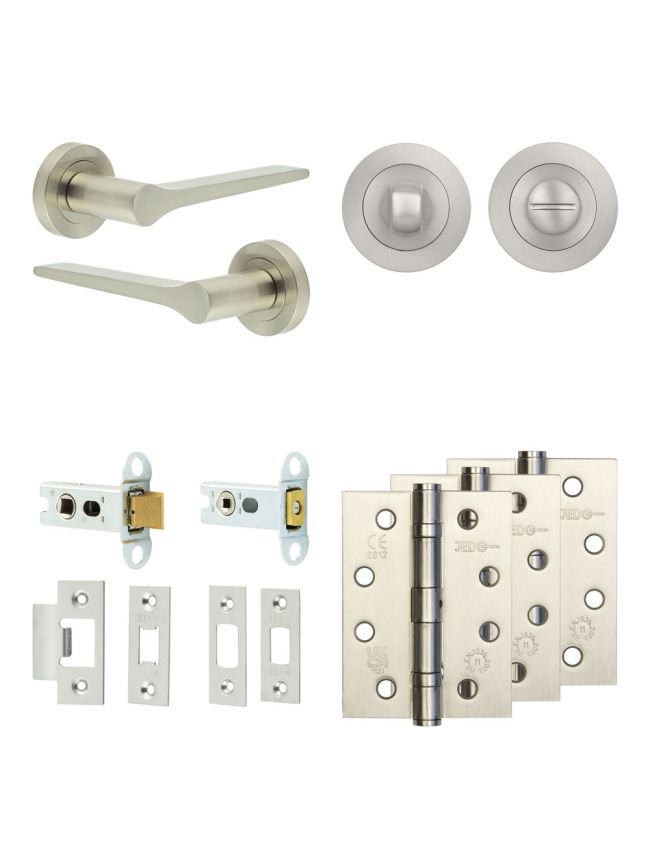 Complete Gio Door Handle Pack - Heavy Duty Tubular Bathroom (Standard Thumb Turn) - Satin Nickel - 64mm / 4-inch Hinges - JE-E30A3-SN