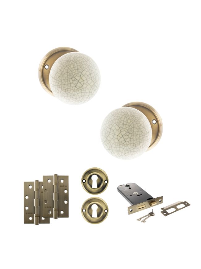 Old English Skipton Door Knob Pack (Lock Set - Horizontal Sashlock, 4" Slim Knuckle Hinges x2) - Antique Brass