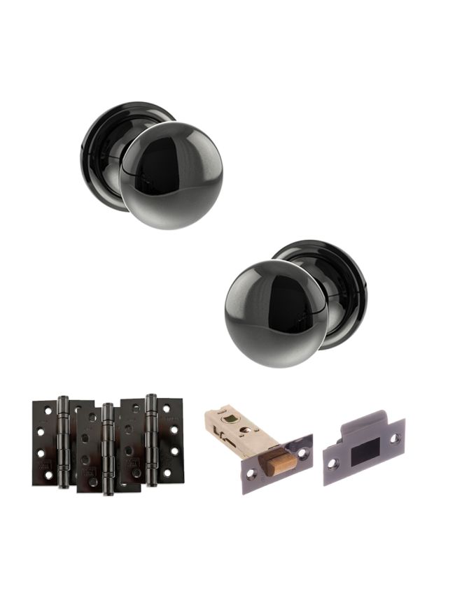 Old English Harrogate Door Knob Pack (Latch Set - 4" HD Latch, 4" Fire Rated Hinges x3) - Black Nickel