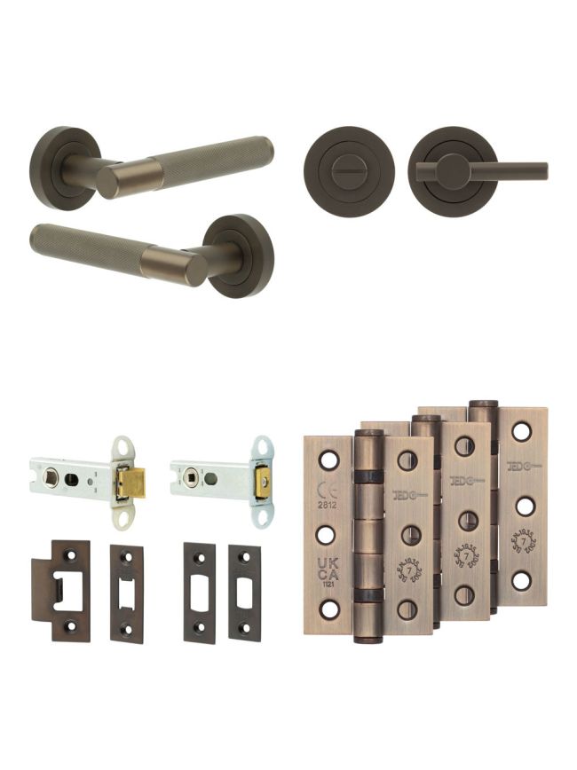 Complete Bari Door Handle Pack - Heavy Duty Tubular Bathroom (Plain Thumb Turn) - Dark Bronze - 76mm / 3-inch Hinges - JE-D31B2-DB