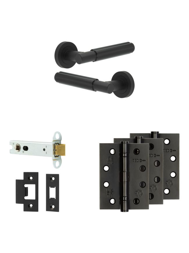 Complete Bloom Door Handle Pack - Heavy Duty Latch - Matt Black - 102mm / 4-inch Hinges - JE-B22A-MB