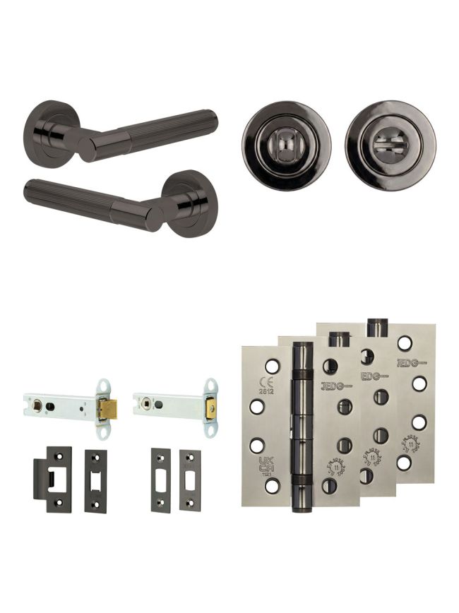 Complete Venice Door Handle Pack - Heavy Duty Tubular Bathroom (Standard Thumb Turn) - Black Nickel - 102mm / 4-inch Hinges - JE-F32A3-BN