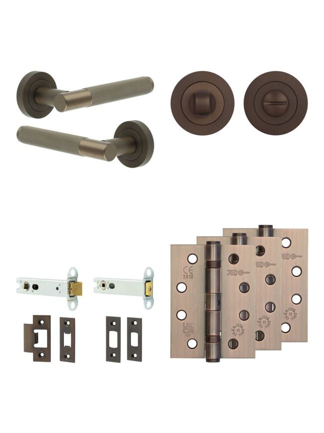 Complete Bari Door Handle Pack - Heavy Duty Tubular Bathroom (Standard Thumb Turn) - Dark Bronze - 102mm / 4-inch Hinges - JE-D32A3-DB