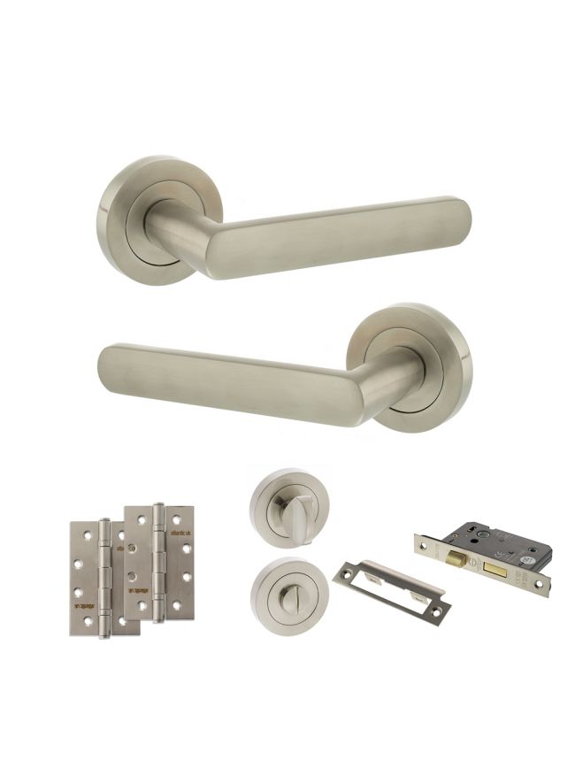 STATUS Carolina Door Handle Pack (Bathroom Set - 3" CE Bathroom Lock, 4" Slim Knuckle Hinges x2) - Satin Nickel