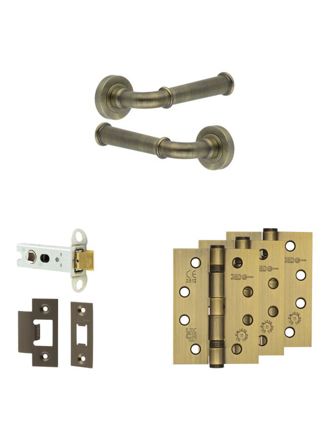 Complete Classic Door Handle Pack - Heavy Duty Latch - Antique Brass - 76mm / 4-inch Hinges - JE-A21A-AB