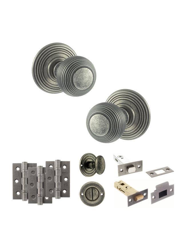 Old English Ripon Door Knob Pack (Bathroom Set - 4" Deadbolt, 3" Fire Rated Hinges x3) - Distressed Silver