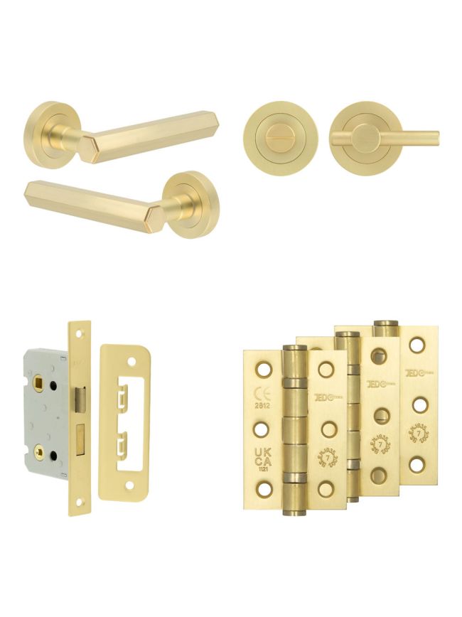 Complete Hex Door Handle Pack - Bathroom Lock (Plain Thumb Turn) - Satin Brass - 65mm / 3-inch Hinges - JE-C5B2-SB
