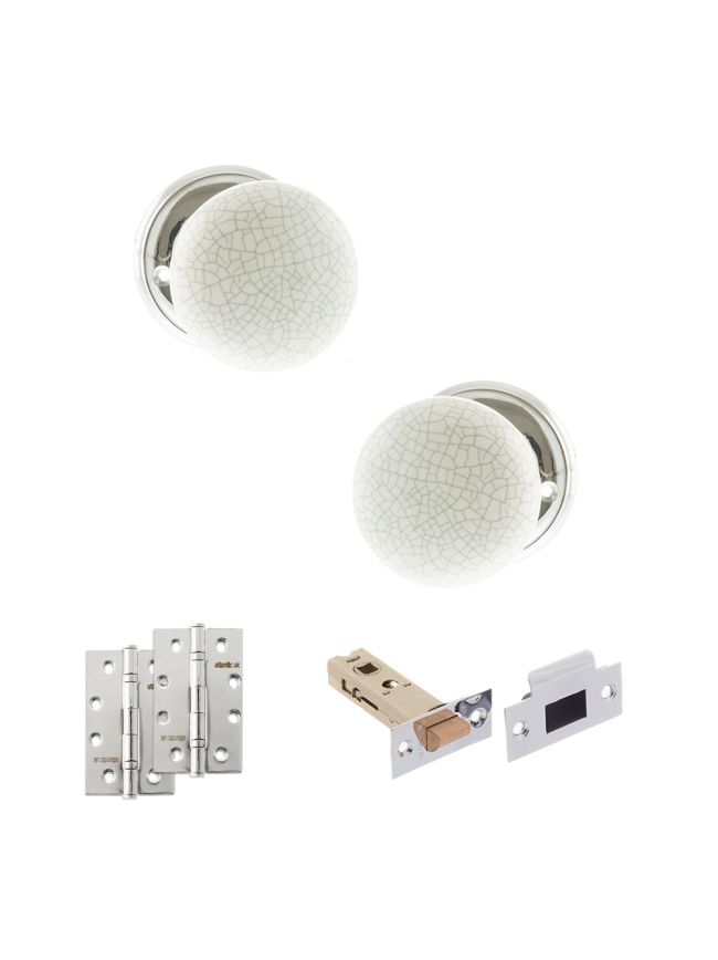 Old English Skipton Door Knob Pack (Latch Set - 4" HD Latch, 4" Slim Knuckle Hinges x2) - Polished Chrome