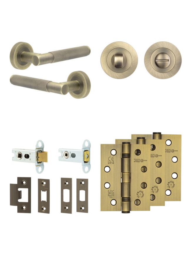 Complete Bari Door Handle Pack - Heavy Duty Tubular Bathroom (Standard Thumb Turn) - Antique Brass - 64mm / 4-inch Hinges - JE-D30A3-AB