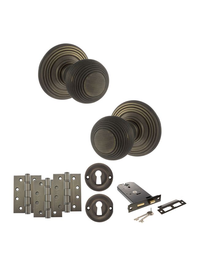 Old English Ripon Door Knob Pack (Lock Set - Horizontal Sashlock, 4" Fire Rated Hinges x3) - Urban Bronze