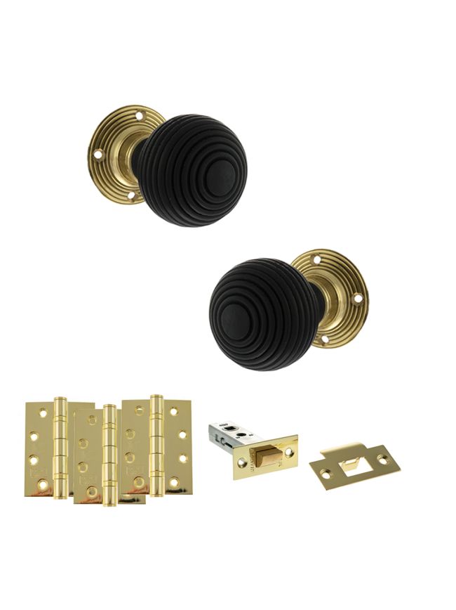 Old English Whitby Door Knob Pack (Latch Set - 4" HD Latch, 4" Fire Rated Hinges x3) - Polished Brass