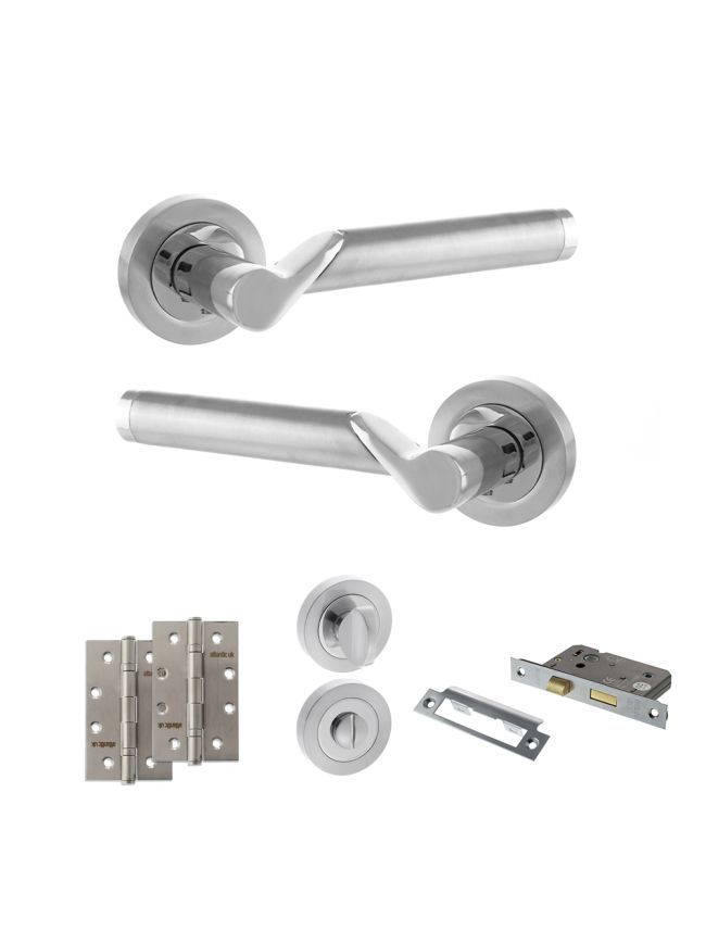 STATUS Hawaii Door Handle Pack (Bathroom Set - 3" CE Bathroom Lock, 4" Slim Knuckle Hinges x2) - Satin Chrome/Polished Chrome