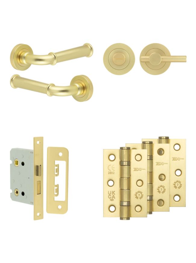 Complete Classic Door Handle Pack - Bathroom Lock (Plain Thumb Turn) - Satin Brass - 76mm / 3-inch Hinges - JE-A6B2-SB