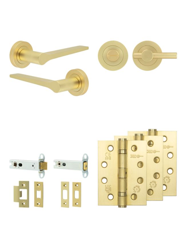 Complete Gio Door Handle Pack - Heavy Duty Tubular Bathroom (Plain Thumb Turn) - Satin Brass - 102mm / 4-inch Hinges - JE-E32A2-SB