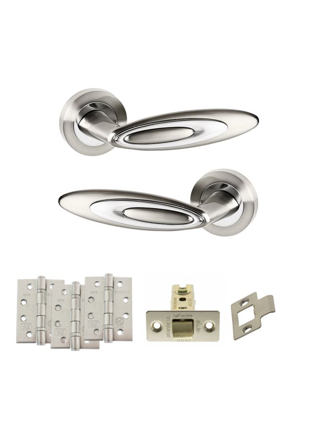 Senza Pari Elisse Door Handle Pack (Latch Set - 3" CE Latch, 4" Fire Rated Hinges x3) - Satin Nickel/Chrome Plate