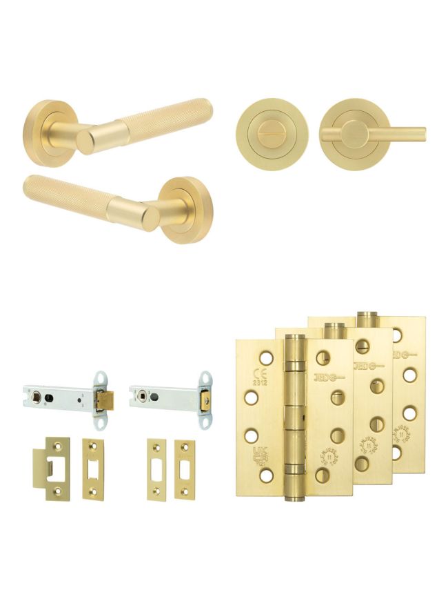 Complete Bari Door Handle Pack - Heavy Duty Tubular Bathroom (Plain Thumb Turn) - Satin Brass - 102mm / 4-inch Hinges - JE-D32A2-SB