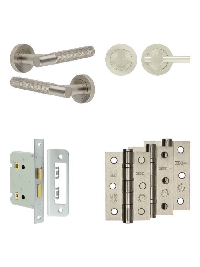 Complete Bari Door Handle Pack - Bathroom Lock (Plain Thumb Turn) - Satin Nickel - 76mm / 3-inch Hinges - JE-D6B2-SN