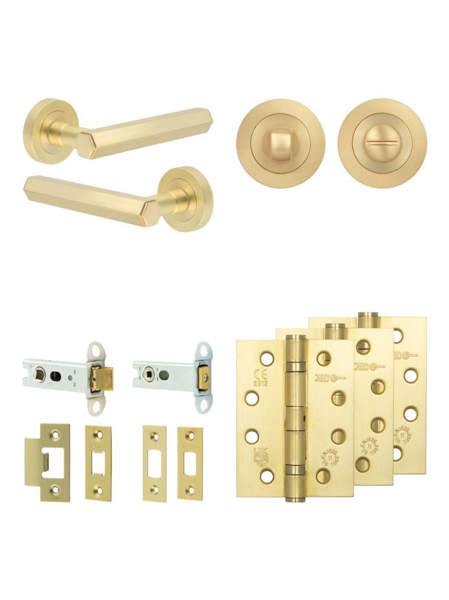 Complete Hex Door Handle Pack - Heavy Duty Tubular Bathroom (Standard Thumb Turn) - Satin Brass - 76mm / 4-inch Hinges - JE-C31A3-SB