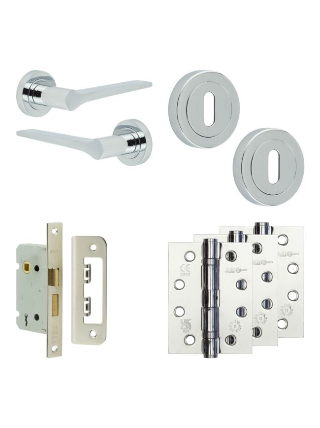 Complete Gio Door Handle Pack - Sashlock - Polished Chrome - 65mm / 4-inch Hinges - JE-E7A8-PC