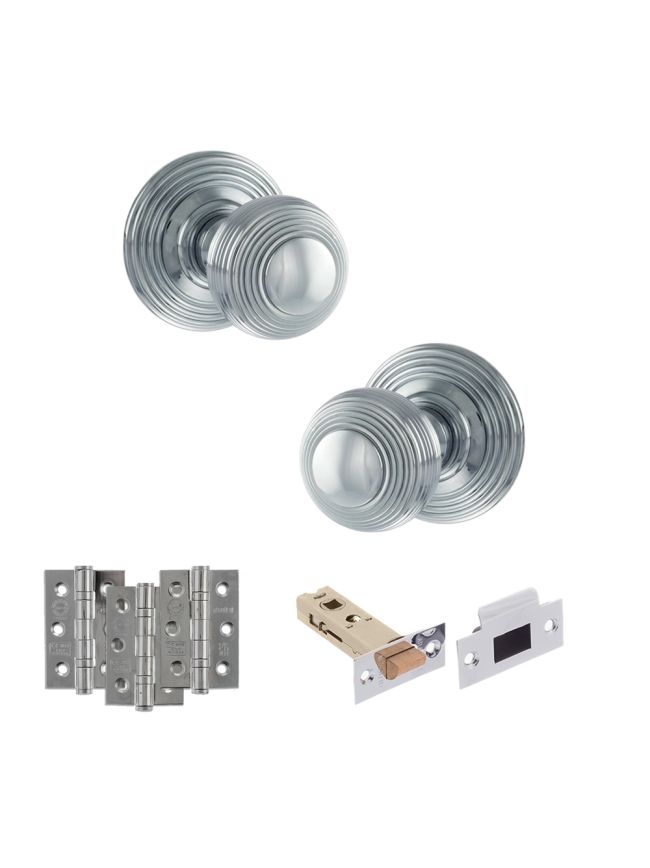 Old English Ripon Door Knob Pack (Latch Set - 4" HD Latch, 3" Fire Rated Hinges x3) - Polished Chrome