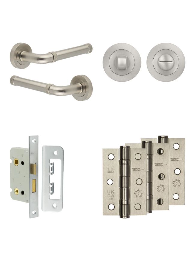 Complete Midtown Door Handle Pack - Bathroom Lock (Standard Thumb Turn) - Satin Nickel - 65mm / 3-inch Hinges - JE-G5B3-SN