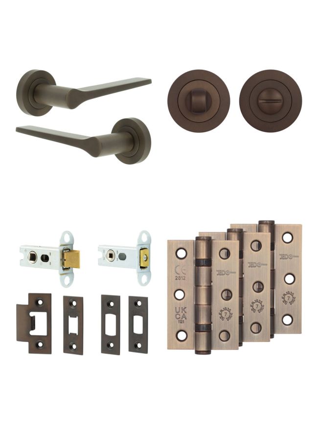 Complete Gio Door Handle Pack - Heavy Duty Tubular Bathroom (Standard Thumb Turn) - Dark Bronze - 64mm / 3-inch Hinges - JE-E30B3-DB