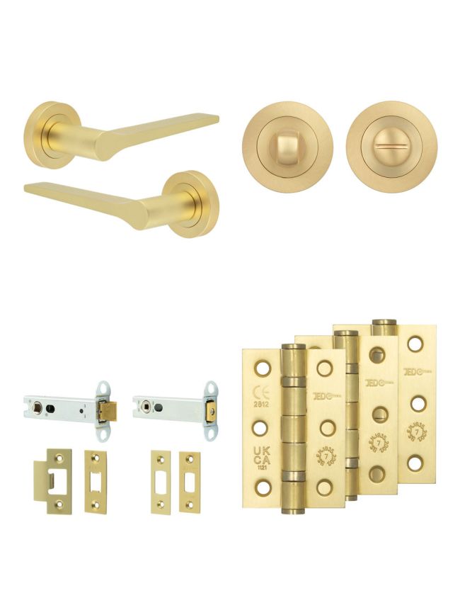 Complete Gio Door Handle Pack - Heavy Duty Tubular Bathroom (Standard Thumb Turn) - Satin Brass - 102mm / 3-inch Hinges - JE-E32B3-SB