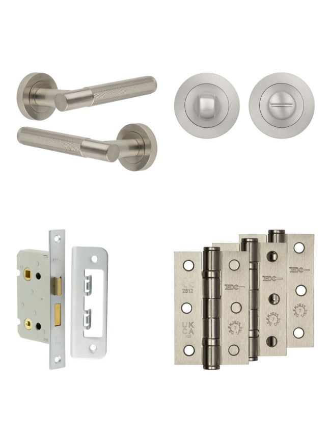 Complete Bari Door Handle Pack - Bathroom Lock (Standard Thumb Turn) - Satin Nickel - 65mm / 3-inch Hinges - JE-D5B3-SN