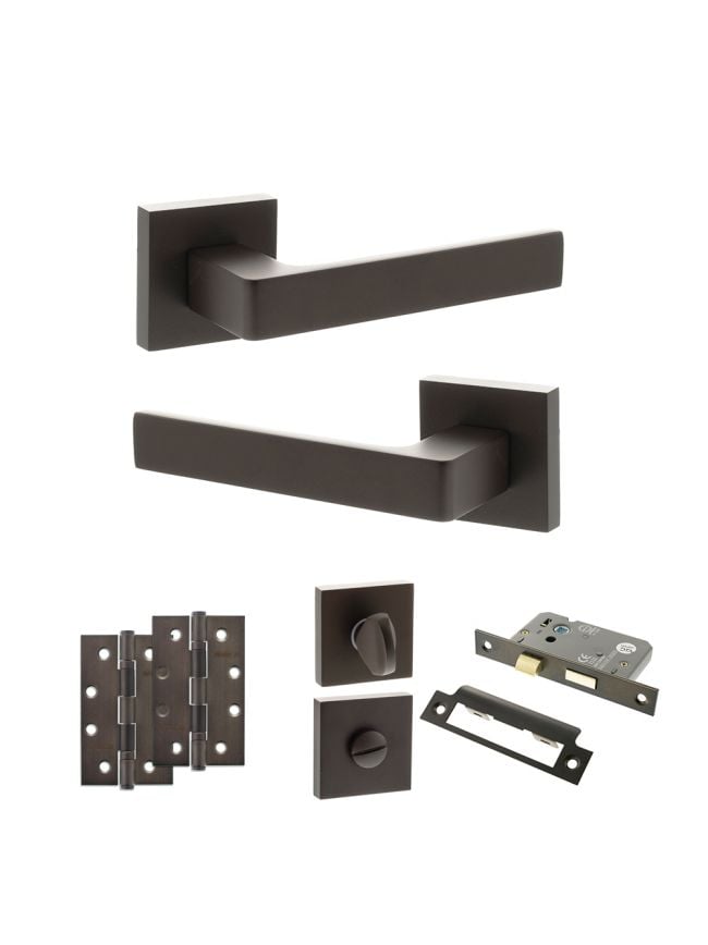 STATUS Montana Door Handle Pack (Bathroom Set - 2.5" CE Bathroom Lock, 4" Slim Knuckle Hinges x2) - Urban Dark Bronze