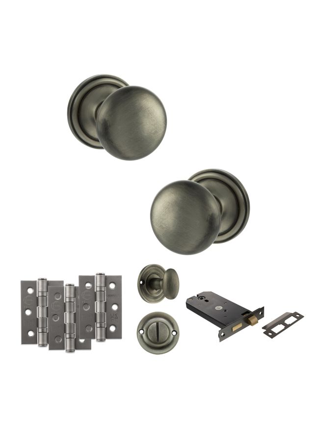 Old English Harrogate Door Knob Pack (Lock Set - Horizontal Bathlock, 3" Fire Rated Hinges x3) - Matt Gun Metal
